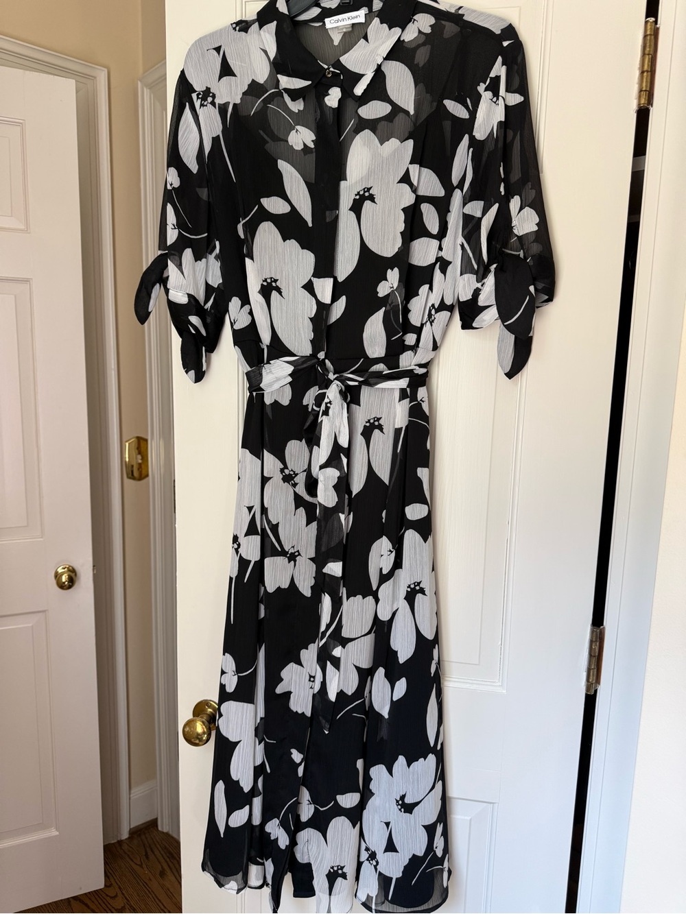 Calvin Klein Black White Floral Chiffon Midi Shirt Dress Belted Size 12